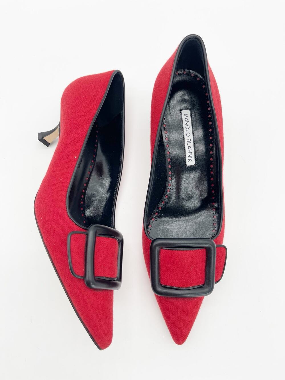 Manolo Blahnik Maysale Red Wool Black Leather Buckle Kitten Heel Pumps IT 39.5